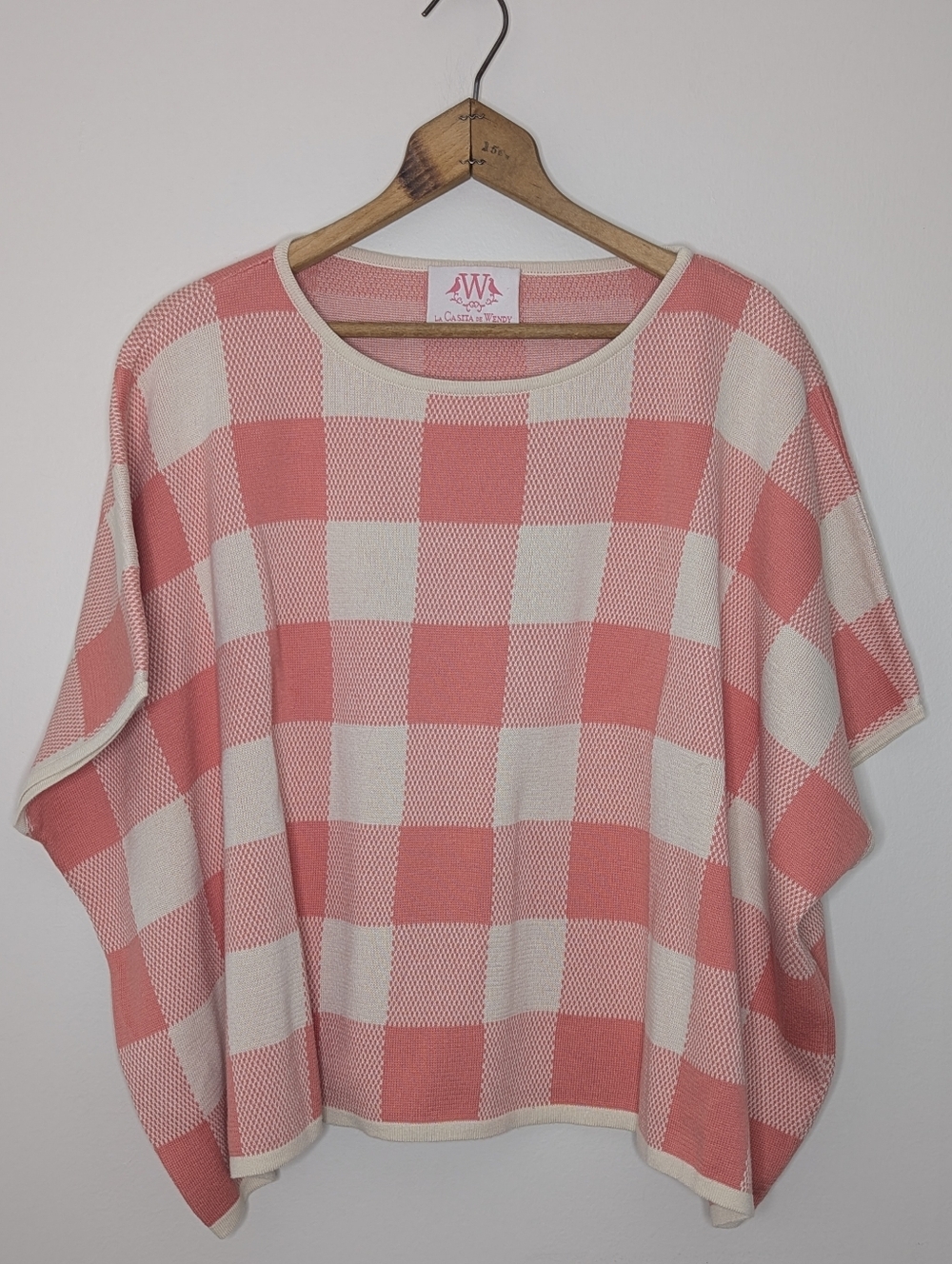 La Casita De Wendy Women's Peach/Ivory Check Short Sleeve Poncho Sweater